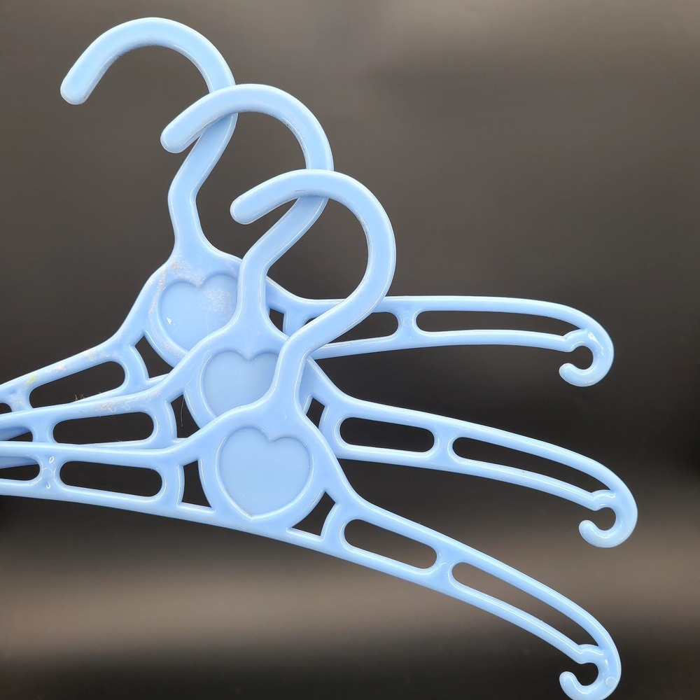 Lot of 3 Vintage Blue Plastic Children's Hangers, heart embossed 10"